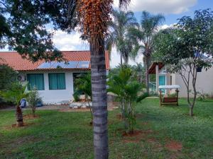 a palm tree in front of a house at Village Recanto Splendory - Sítio com lazer completo e privativo perto de BH in Prudente de Morais