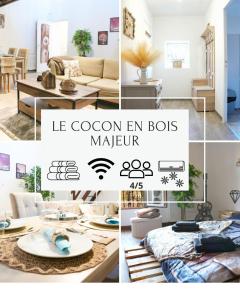 a collage of pictures of a living room with a couch at Cocon en bois Majeur - 4 couchages au cœur de Limoux in Limoux