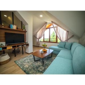 a living room with a blue couch and a tv at Tomy Forest Cigar Bar in Ocka Gora