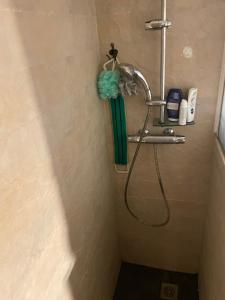 y baño con ducha y toalla verde. en Holiday comarruga, en La Playa 19 fotos más