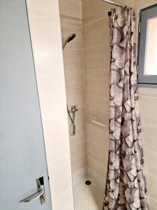 ein Bad mit Dusche und Duschvorhang in der Unterkunft La Colline d'Estaing, Maison 4 pers avec terrasse in Le Nayrac + 9 Fotos