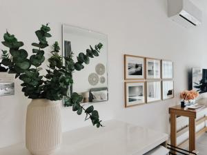 a white vase with a plant in a living room at Grace Living Studio 201 in Limassol