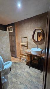 a bathroom with a sink and a toilet and a mirror at Cabañas Los Gallitos Ecolodge 3 in Sacalum