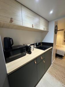 a kitchen with a sink and a microwave at Elsass canal studio in Strasbourg