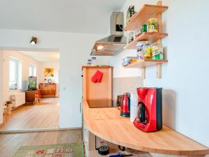 a kitchen with a counter with a red appliance at FeWo Feldblick in Rutenberg +14 photos