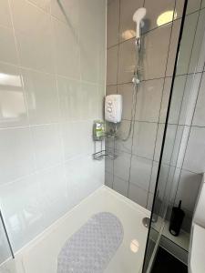 une salle de bain avec douche et toilettes dans l'établissement Brain Properties Limited - Garden flat with Parking near QA Hospital, à Portsmouth