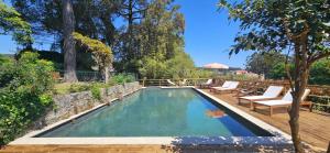 a swimming pool with two lounge chairs and a tree at Casa da Alvarinha. Privacidade, Conforto, Natureza in Paredes