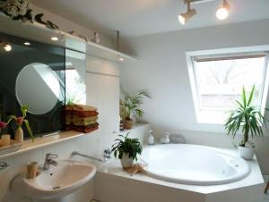 a bathroom with a tub and a sink and a mirror at Erholung und Wellness in Dänschendorf