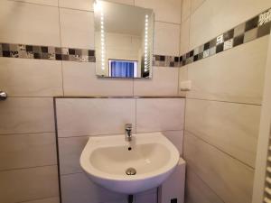 une salle de bain avec un lavabo et un miroir dans l'établissement Sundby, à Lemkenhafen auf Fehmarn