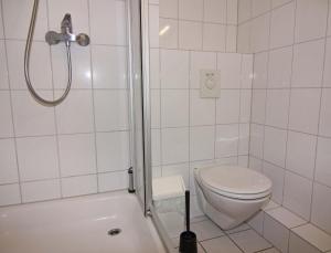 a white bathroom with a toilet and a shower at Orth A5 in Orth