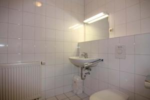 ein Badezimmer mit Toilette, Waschbecken und Spiegel in der Unterkunft Orth A6 in Orth + 9 Fotos
