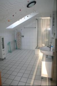 a white bathroom with a sink and a shower at Orther Hafenblick in Orth