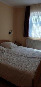 a bedroom with a white bed with a window at Orth C19 in Orth