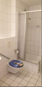 a bathroom with a shower and a toilet with a blue seat at Orth C19 in Orth