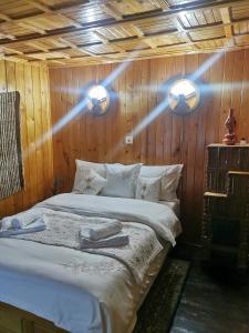 a bedroom with a bed with two lights on the wall at Casa de vacanta 1001 De Nopti in Corbşori +92 photos