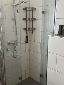 une douche avec une porte vitrée dans une salle de bain dans l'établissement L36EG links, à Lemkenhafen auf Fehmarn 17 autres photos
