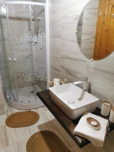 a bathroom with a white sink and a shower at Casa de vacanta 1001 De Nopti in Corbşori