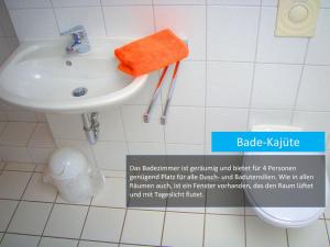 a bathroom sink with an orange towel on it at Hafenblick in Orth