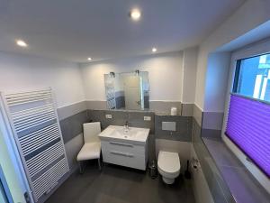 a bathroom with a sink and a toilet and a mirror at Schöne Aussicht in Orth