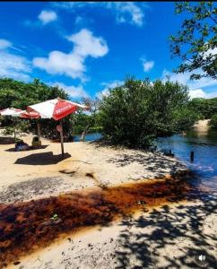 a beach with a red and white umbrella and water at Pousada Rosa de Saron - Algodoal in Algodoal