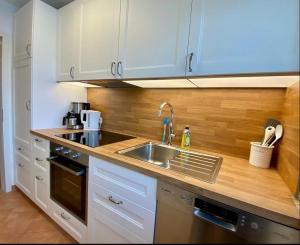 - une cuisine avec un évier en acier inoxydable et des placards en bois dans l'établissement Kieferneck, à Petersdorf auf Fehmarn