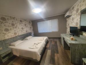 a bedroom with a bed and a desk and a television at Комплекс Хиподрума in Dobrich