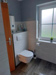 a bathroom with a white toilet and a window at Auszeit in Wenkendorf auf Fehmarn