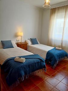 een slaapkamer met twee bedden met blauwe dekens erop bij La Casa Del Platero in Ronda