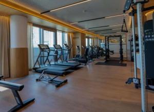 a gym with a row of treadms and machines at Wellness Oase an der Donau in Wien in Vienna