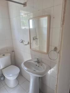 a bathroom with a toilet and a sink and a mirror at Sabel's Retreat in Elephant Island