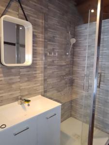 ein Badezimmer mit Dusche, Waschbecken und Spiegel in der Unterkunft La maison blanche in Nazelles