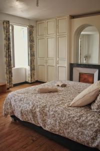 een slaapkamer met een groot bed en een spiegel bij La Maison des Mousquetaires in Condom