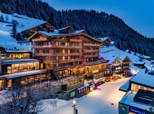 米伦Eiger Mürren Swiss Quality Hotel的山间小屋,地面有雪
