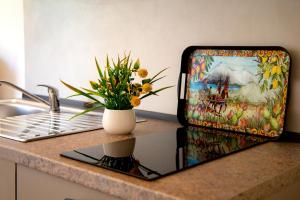 a suitcase sitting on a kitchen counter with a plant at Fiore dei Templi - luxury suite experience in Agrigento