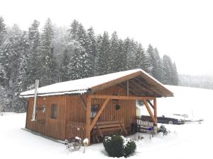 een houten hut met sneeuw erop bij Ferienhaus In Röhrnbach Mit Grill Und Terrasse in Röhrnbach +19 foto's