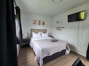 a bedroom with a bed and a tv on the wall at Maridalba 2 in La Coronilla