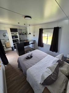 a bedroom with a bed and a desk in it at Maridalba 2 in La Coronilla