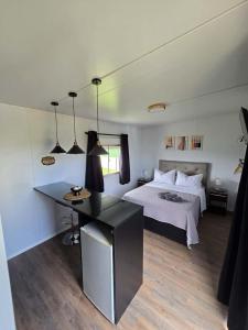 a bedroom with a bed and a desk in it at Maridalba 2 in La Coronilla
