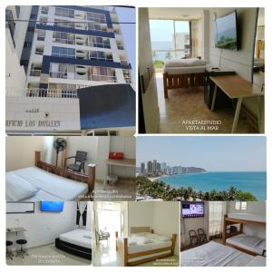 a collage of photos of a hotel room with a cruise ship at apartaestudios luna azul rodadero in Gaira