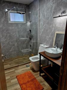 een badkamer met een toilet, een wastafel en een douche bij The Music Box in Skopje