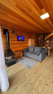 a living room with a couch and a fireplace at Vale Encantado Alfredo Wagner in Barracão