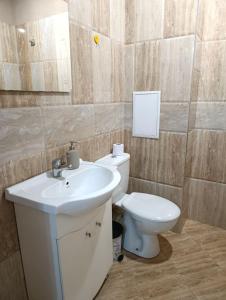 a bathroom with a white sink and a toilet at Mladost the City of Fountains Vitosha View in Sofia +3 photos