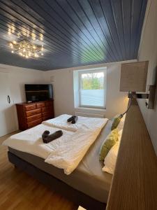 ein Schlafzimmer mit einem Bett mit blauer Decke in der Unterkunft Little Rose - modern, central with WiFi & parking in Bad Sobernheim