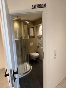 ein Badezimmer mit Dusche und Toilette in der Unterkunft Little Rose - modern, central with WiFi & parking in Bad Sobernheim