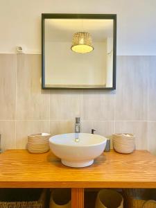 a bathroom with a white bowl sink on a wooden counter at Appart 2parkings, 2min PetiteVenise-Xmarché in Colmar +25 photos
