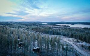 an aerial view of a forest with trees and a lake at Arctic Lumo Resort in Kuusamo