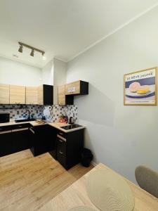 a kitchen with black cabinets and a white wall at Pokój Przy Parku Róż in Chorzów +2 photos