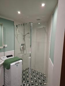 a bathroom with a shower with a glass door at Apartament "W Sz" pod Klonami in Kętrzyn +35 photos