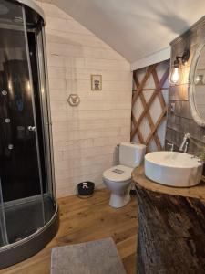 a bathroom with a toilet and a sink and a shower at Yourtes l'atelier des rêves Castanea - Séjour nature au cœur du Parc Loire Anjou Touraine in Continvoir