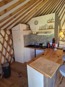 a kitchen with a counter and a sink in a attic at Yourtes l'atelier des rêves Castanea - Séjour nature au cœur du Parc Loire Anjou Touraine in Continvoir
